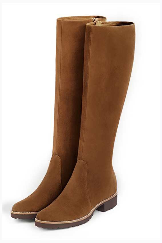 Caramel brown women's riding knee-high boots. Round toe. Flat rubber soles. Made to measure. Front view - Florence KOOIJMAN